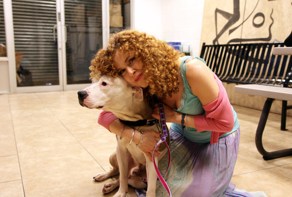 This July 8, 2013 photo shows actress Bernadette Peters with Chili, a 9-year-old Staffordshire Bull Terrier, at the Brooklyn Animal Resource Coalition in the Williamsburg section of the Brooklyn borough of New York. Chili will be part of Saturday’s Broadway Barks adopt-a-thon near Times Square. (AP Photo/Mark Kennedy)