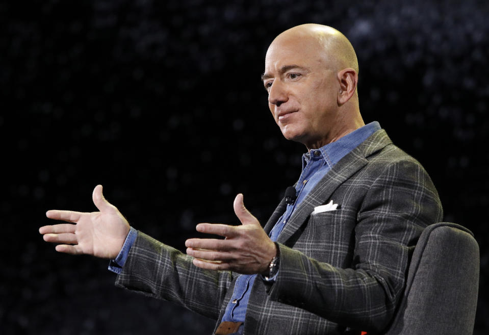 FILE - In this Thursday, June 6, 2019, file photo, Amazon CEO Jeff Bezos speaks at the Amazon re:MARS convention, in Las Vegas. Amazon said Tuesday, Feb. 2, 2021, that Bezos is stepping down as CEO later in the year, a role he's had since he founded the company nearly 30 years ago. (AP Photo/John Locher, File)