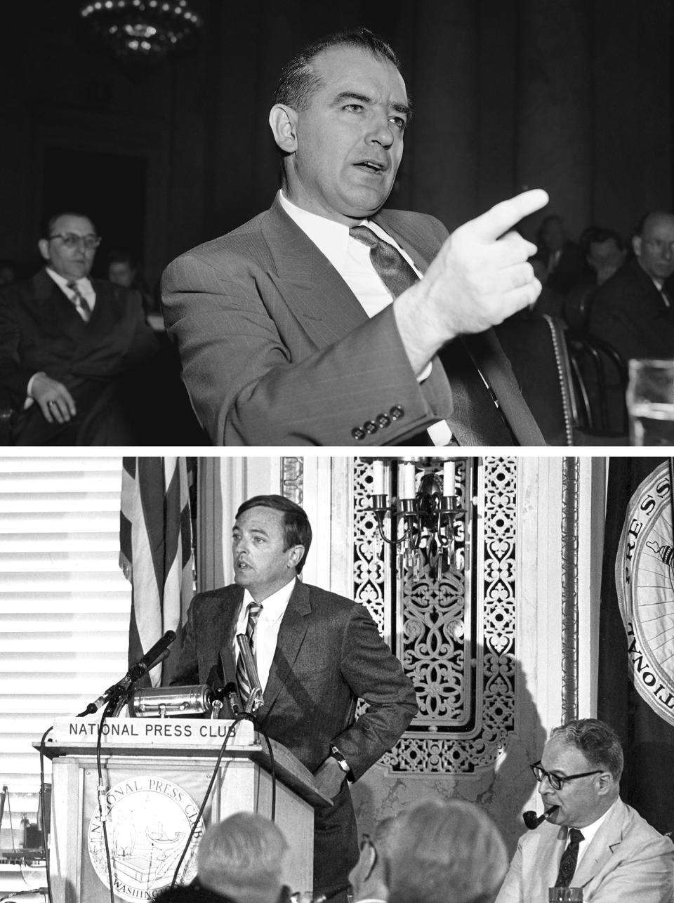 Top: Sen. Joseph McCarthy in 1950. Bottom: National Review founder and editor-in-chief William F. Buckley, Jr.
