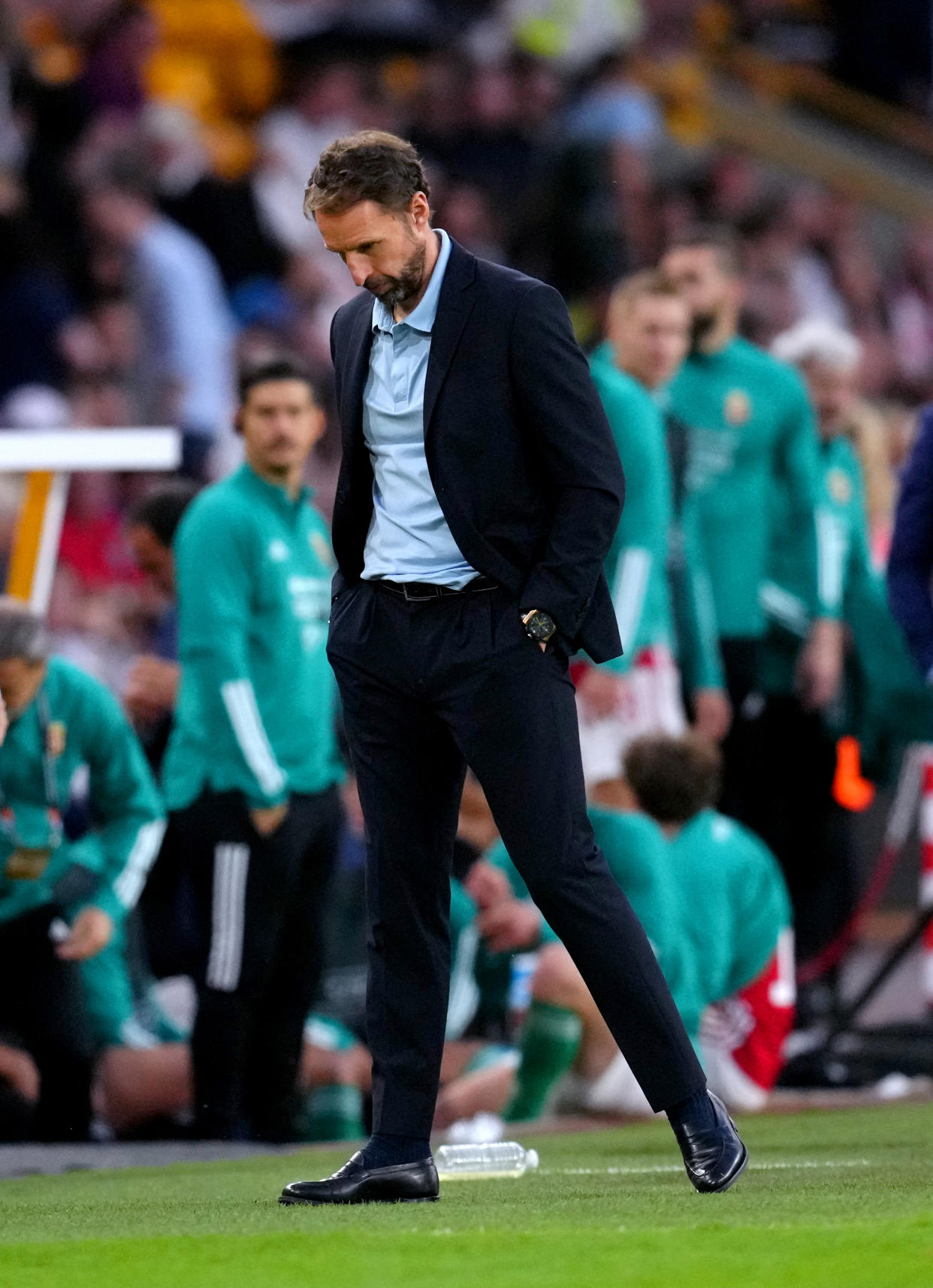 England manager Gareth Southgate appears dejected after Hungary's Daniel Gazdag (not pictured) scores their side's fourth goal of the game during the UEFA Nations League match at the Molineux Stadium, Wolverhampton. Picture date: Tuesday June 14, 2022.