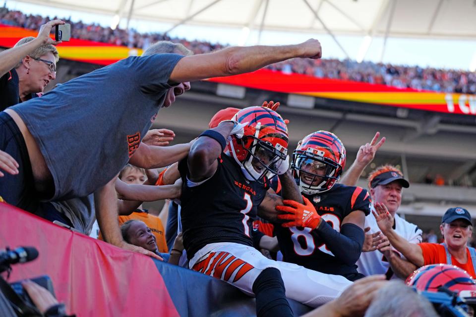 Ja'Marr Chase jumped into the stands to celebrate to celebrate his long touchdown reception of last week's Bengals victory over the Atlanta Falcons.