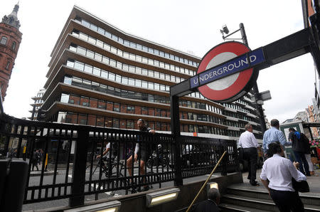 An office building containing the London headquarters of the PR company Bell Pottinger is seen behind an entrance to an underground train station in London, September 5, 2017. REUTERS/Toby Melville