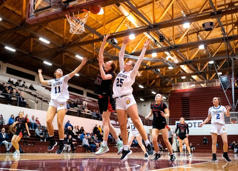 Camas’s forward Addison Harris (33) goes in for a layup during a game at the Puget Sound Holiday Classic Tournament in the Memorial Field-house in Tacoma, Wash. on Jan. 16, 2023.