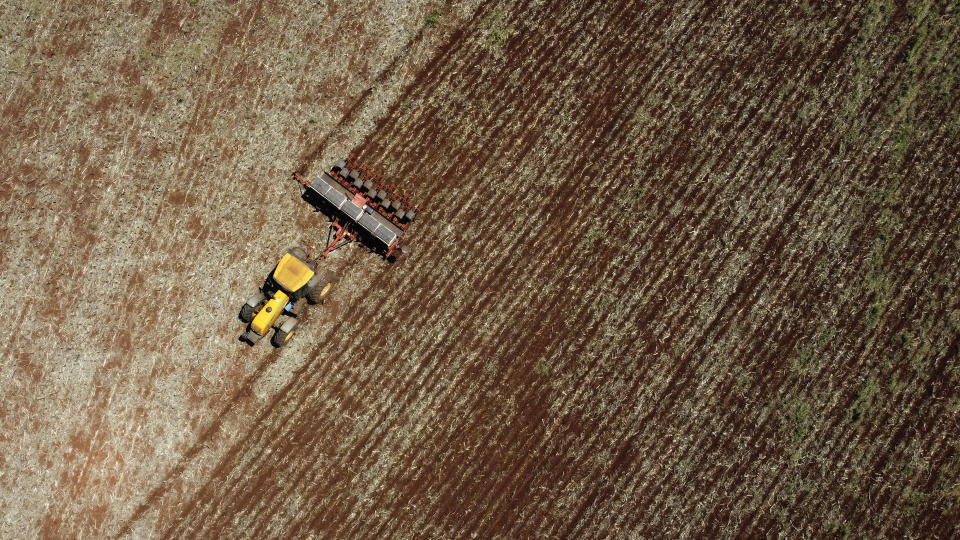 An agricultural machine plant soybeans on a farm in a rural area of Sidrolandia, Mato Grosso do Sul state, Brazil, Saturday, Oct. 22, 2022. President Jair Bolsonaro trusts his support among agribusiness leaders to help him win reelection later this month, while frontrunner Brazil's Former President Luiz Inacio Lula da Silva tries to make inroads with rural voters with a boost from defeated presidential candidate Sen. Simone Tebet, who is from the state of Mato Grosso do Sul. (AP Photo/Eraldo Peres)