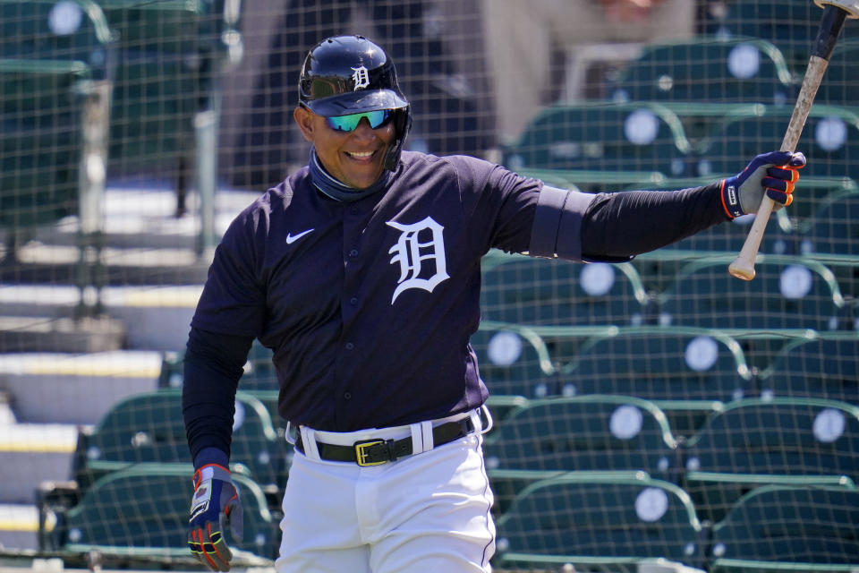 Detroit Tigers' Miguel Cabrera warms up in the on-deck circle during the first inning of the team's spring training baseball game against the Philadelphia Phillies in Lakeland, Fla., Wednesday, March 3, 2021. (AP Photo/Gene J. Puskar)