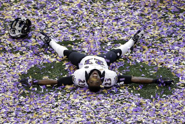 Baltimore Ravens defensive back Chykie Brown (23) celebrates after the NFL Super Bowl XLVII football game against the San Francisco 49ers, Sunday, Feb. 3, 2013, in New Orleans. The Ravens won 34-31. (AP Photo/Charlie Riedel)
