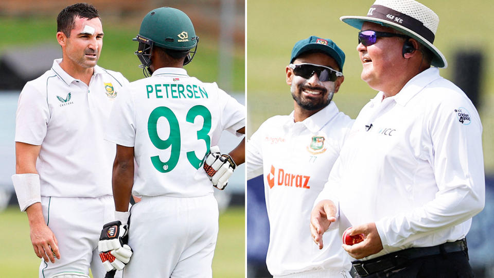 Pictured left is South Africa's Test captain Dean Elgar during his side's match against Bangladesh in Durban.