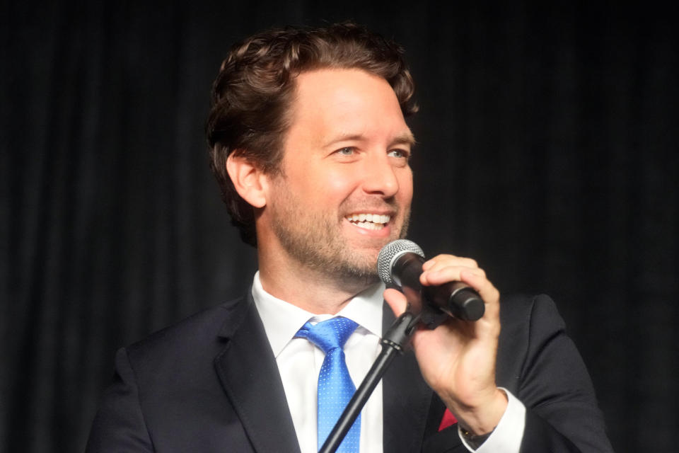 Former U.S. Rep. Joe Cunningham addresses delegates at South Carolina's Democratic Party convention on Saturday, June 11, 2022, in Columbia, S.C. Cunningham is among five Democrats seeking the party's gubernatorial nomination in the June 14 primary. (AP Photo/Meg Kinnard)