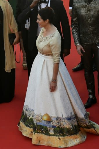 Israeli Culture Minister Miri Regev wears a dress featuring an image of the Al-Aqsa Mosque compound in Jerusalem, also known as the Temple Mount, as she attends a screening at the Cannes film festival on May 17, 2017