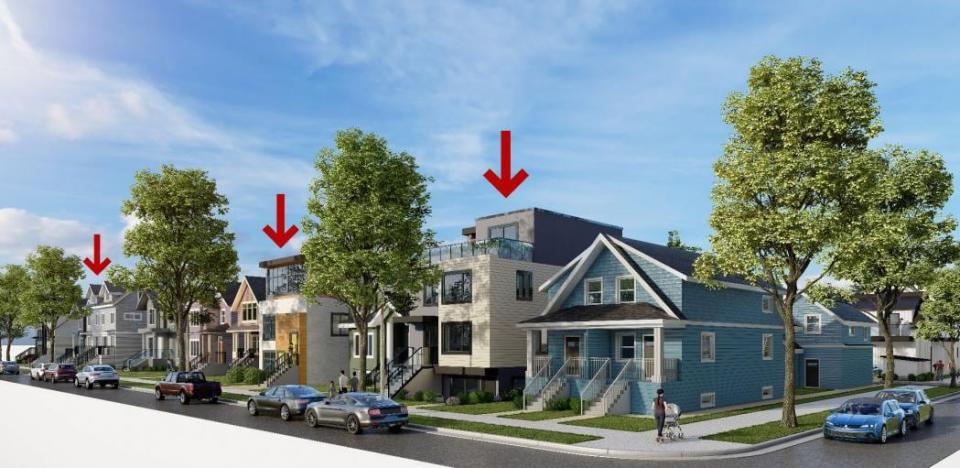 A rendering from the City of Vancouver of what multiplex housing could look like in traditional single-family home neighbourhoods.