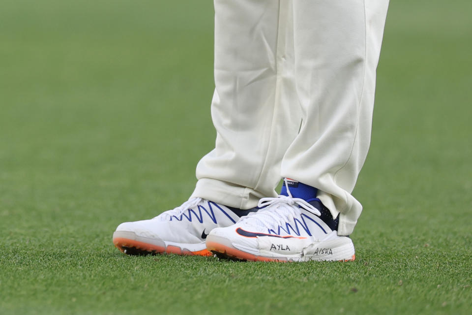 PERTH, AUSTRALIA - DECEMBER 15: The name Ayla and Aisha can be seen on the shoes of Usman Khawaja of Australia during day two of the Men's First Test match between Australia and Pakistan at Optus Stadium on December 15, 2023 in Perth, Australia (Photo by Will Russell/Getty Images)