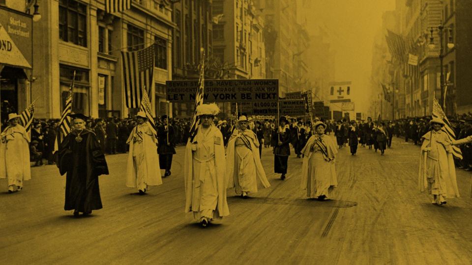 Dr. Anna Shaw and Carrie Chapman Catt, founder of the League of Women Voters, lead an estimated 20,000 supporters in a women's suffrage march on New York's Fifth Ave. in 1915.