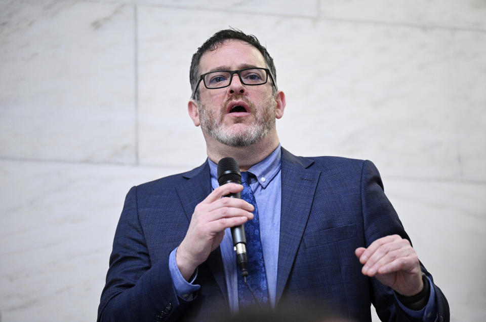 This photo made available by the West Virginia Legislature shows Mike Pushkin, a Democratic member of the West Virginia House of Delegates and chairman of the West Virginia Democratic Party, speaking during the floor session of the House Wednesday, Feb. 14, 2024, at the state Capitol in Charleston, W.Va. (Perry Bennett/West Virginia Legislature via AP)