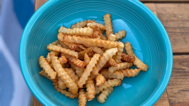 Even Ore-Ida freezer fries look more delicious when presented in the Fiestaware pedestal bowl.