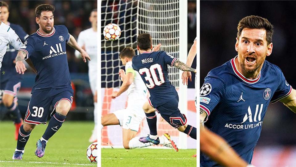 Lionel Messi (pictured left) dribbling the ball before scoring (pictured middle) and celebrating (pictured right).