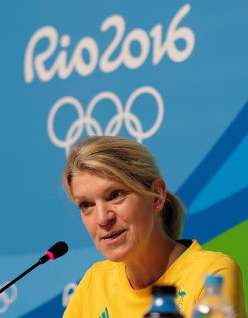 Kitty Chiller, Chef de Mission for Australia at the Rio 2016 Olympic Games, gives a news conference in which she described the problems that her country's delegation encountered with the athletes' housing in Rio de Janeiro, July 25, 2016. REUTERS/Rickey Rogers