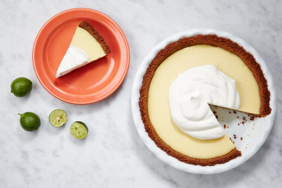 This tangy, tart, and creamy pie has a secret ingredient: a touch of lemon juice. <a href="https://www.epicurious.com/recipes/food/views/our-favorite-key-lime-pie-56389684?mbid=synd_yahoo_rss" rel="nofollow noopener" target="_blank" data-ylk="slk:See recipe." class="link ">See recipe.</a>