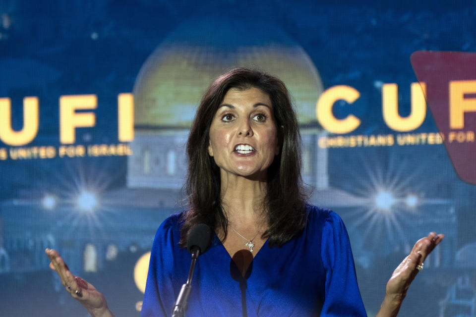 Republican presidential candidate former South Carolina Gov. Nikki Haley speaks at the Christians United For Israel (CUFI) "Night to Honor Israel" during the CUFI Summit 2023, Monday, July 17, 2023, in Arlington, Va., at the Crystal Gateway Marriott. (AP Photo/Jacquelyn Martin)