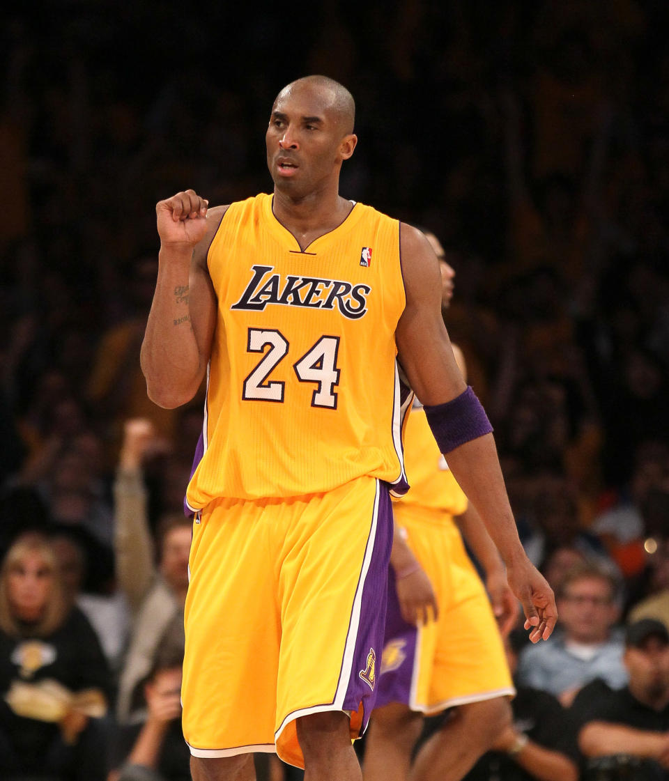 Lakers guard Kobe Bryant pumps his fist after making a basket and drawing a foul against the Oklahoma City Thunder on May 18 at Staples Center in Los Angeles. The Lakers won 99-96. (Photo by Stephen Dunn/Getty Images)