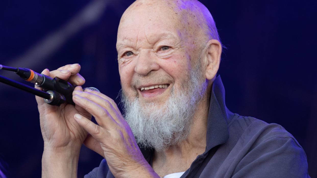 Festival founder Michael Eavis performs with his band on the Park Stage on Day 2 of Glastonbury Festival 2023