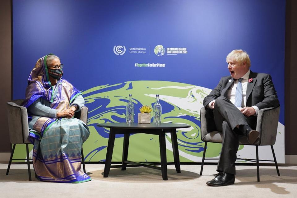 Prime Minister Boris Johnson with the Prime Minister of Bangladesh Sheikh Hasina Wazed at a bilateral meeting (Stefan Rousseau/PA) (PA Wire)