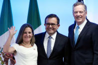 FILE PHOTO: Canadian Foreign Minister Chrystia Freeland, Mexico's Economy Minister Ildefonso Guajardo and U.S. Trade Representative Robert Lighthizer smile as they pose for a photo after addressing the media to close the second round of NAFTA talks involving the United States, Mexico and Canada at Secretary of Economy headquarters in Mexico City, Mexico, on September 5, 2017. REUTERS/Edgard Garrido/File Photo