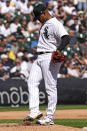 Chicago White Sox starting pitcher Reynaldo Lopez looks down as he kicks the mound during the fourth inning of a baseball game against the Los Angeles Angels in Chicago, Thursday, Sept. 16, 2021. (AP Photo/Nam Y. Huh)