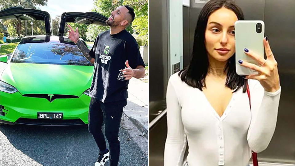 Nick Kyrgios (pictured left) posing with his new green Tesla and (pictured right) model Chiarra Passari posing for a photo.