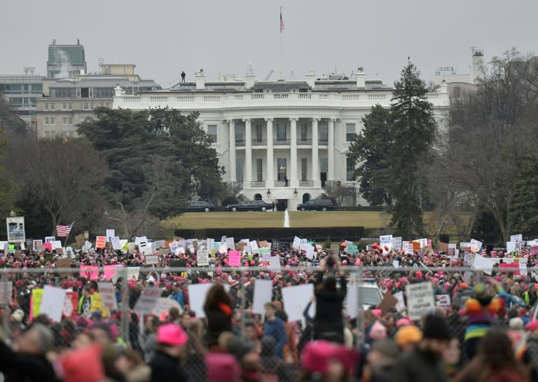 Demonstrators protest near the White House in Washington, DC, during the Women's March on January 21, 2017