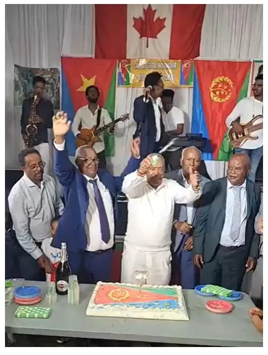 Calgary Eritrean Culture Civic Centre Facebook page livestreamed an event in May 2023 where two flags with the Eritrean colours are visible on the wall. Anti-regime protesters say the one with the star represents the Eritrean regime.