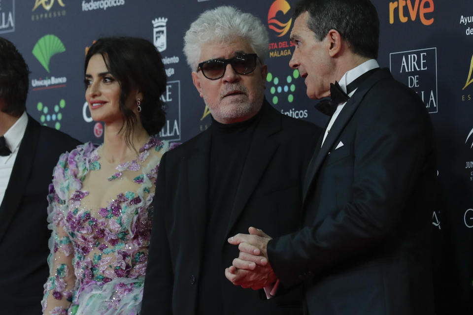 Spanish actor Antonio Banderas, Spanish film director Pedro Almodovar and Spanish actress Penelope Cruz, from right, pose for photographers at the red carpet ahead the Goya Film Awards Ceremony in Malaga, southern Spain, Saturday, Jan. 25, 2020. The annual Goya Awards are Spain's main national film awards. (AP Photo/Manu Fernandez)