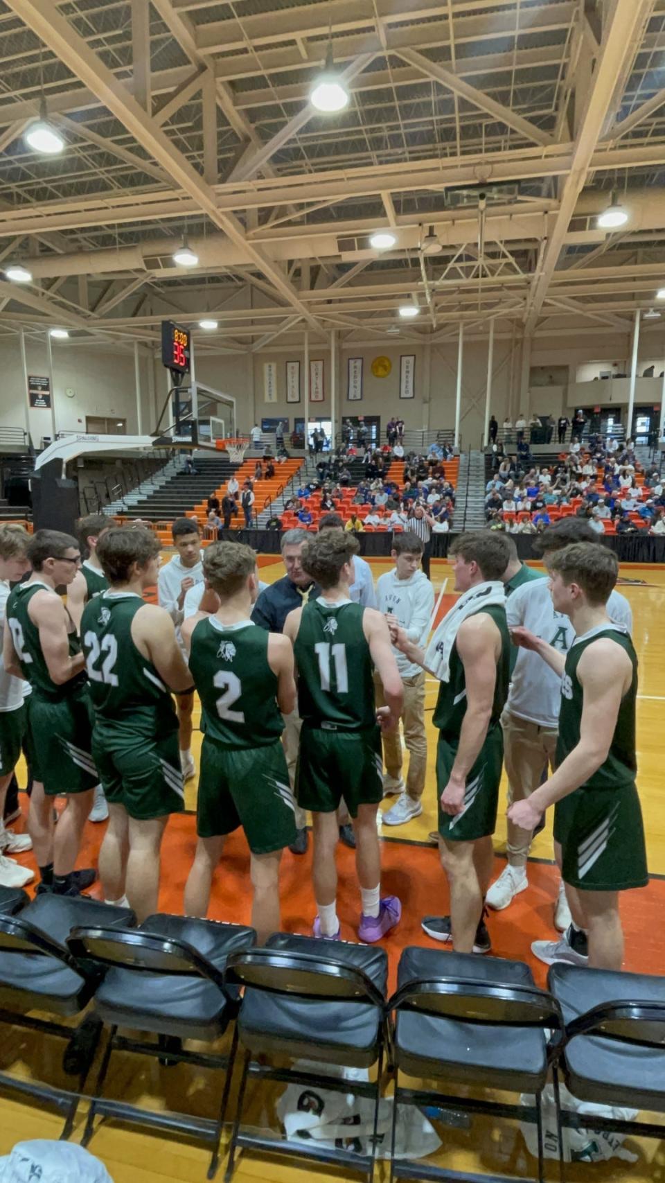 Avon coach Rob Fries gathers his team during a 56-52 loss to Section VI's Salamanca during the NYSPHSAA Class B regionals Saturday, March 9, 2024 at Buffalo State.