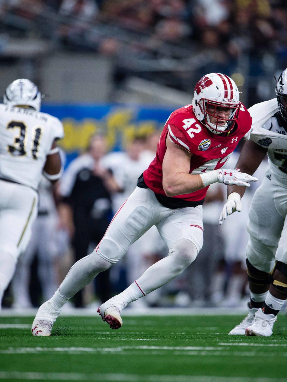 Jan. 2, 2017; Arlington, Texas; Wisconsin Badgers linebacker T.J. Watt (42) in action during the game against the Western Michigan Broncos in the 2017 Cotton Bowl game at AT&T Stadium. The Badgers defeat the Broncos 24-16. Jerome Miron-USA TODAY Sports