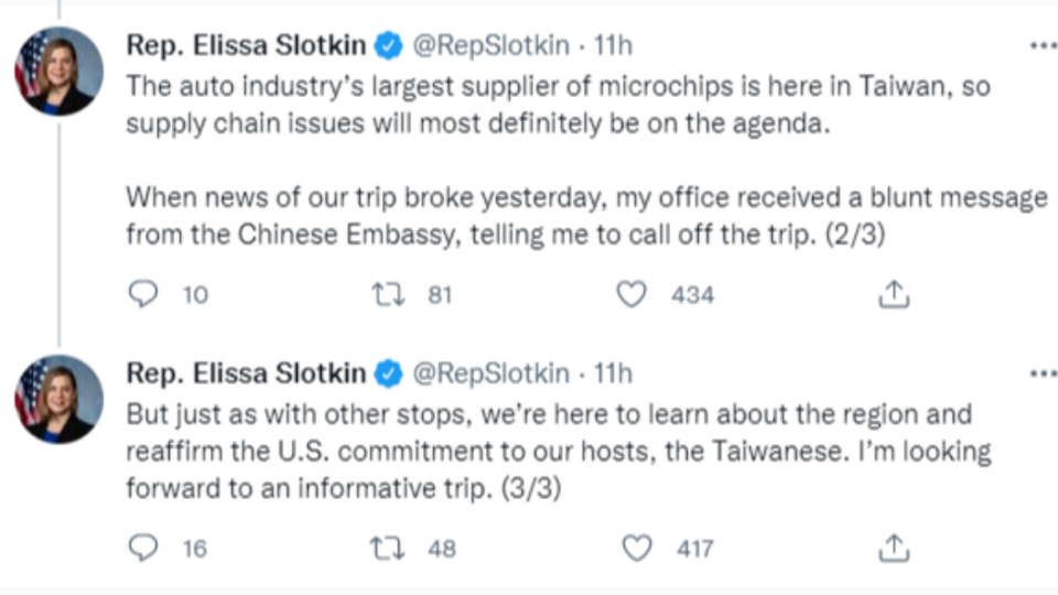 民主黨籍眾議員史羅金（Elissa Slotkin）爆料訪台行程曝光後，中國駐美使館要求她取消行程。（圖／翻攝Rep. Elissa Slotkin twitter）