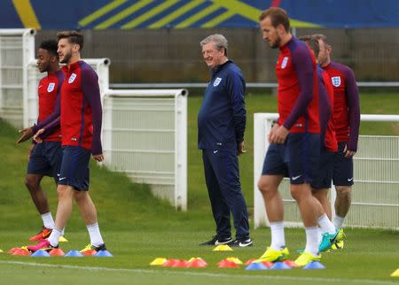 Football Soccer - Euro 2016 - England Training - Stade des Bourgognes, Chantilly, France - 26/6/2016 England's Raheem Sterling, Adam Lallana, Roy Hodgson and Harry Kane in training REUTERS/Lee Smith