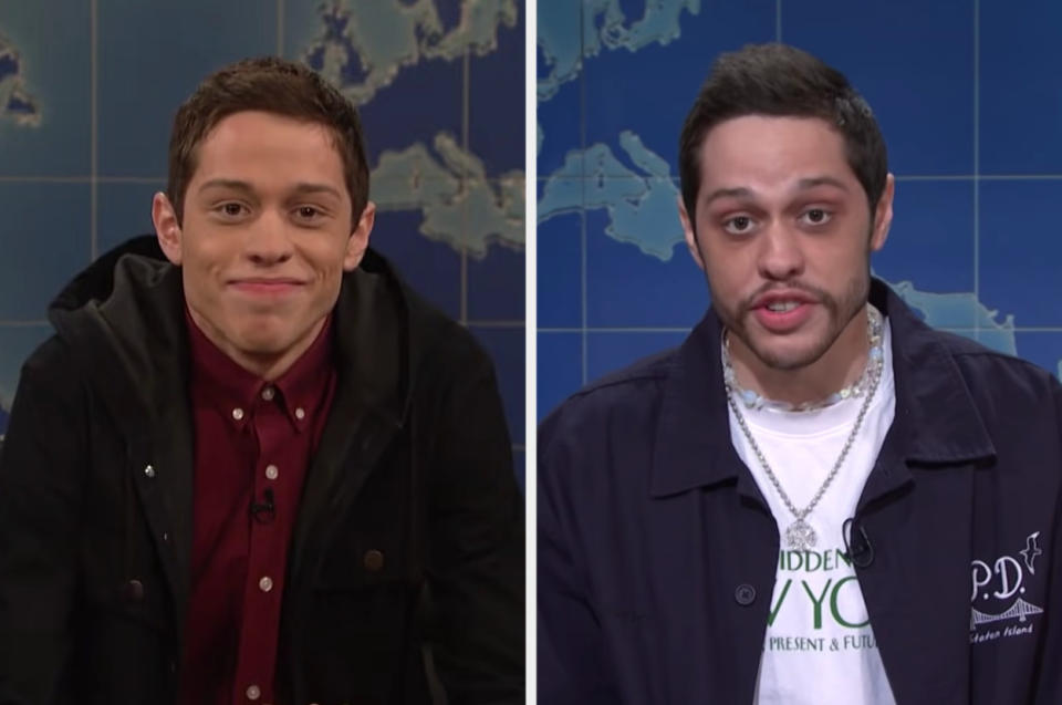 Side-by-side of Pete Davidson's first and last times on Weekend Update on "Saturday Night Live."