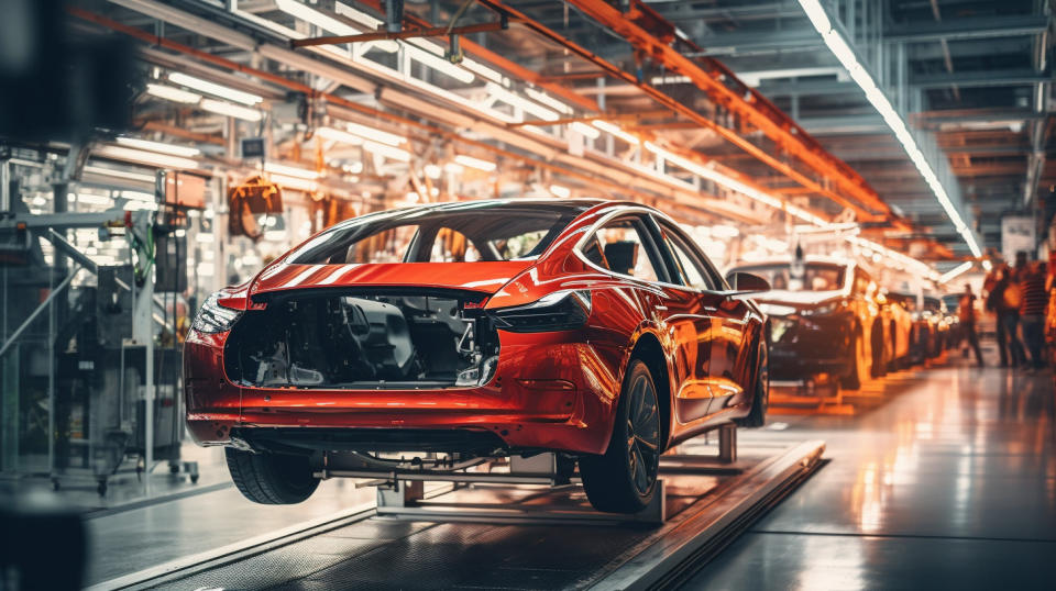 An assembly line filled with the latest model of an automobile, ready to go to consumers.