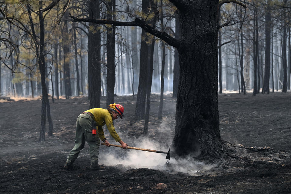 MORA, NM- MAY 13: A firefighter works on putting out a hotspot from a wildfire on Friday May 13, 2022 in Mora, NM. The Calf Canyon and Hermits Peak fires have been burning in the region. The Hermits Peak fire started as a prescribed burn. (Matt McClain / The Washington Post via Getty Images file)