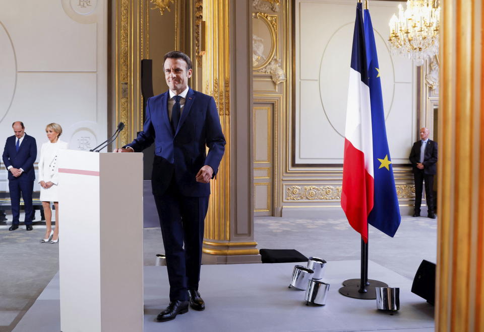 French President Emmanuel Macron delivers a speech during the ceremony of his inauguration for a second term at the Elysee palace, in Paris, France, Saturday, May 7, 2022. Macron was reelected for five years on April 24 in an election runoff that saw him won over far-right rival Marine Le Pen. (Gonzalo Fuentes/Pool via AP)