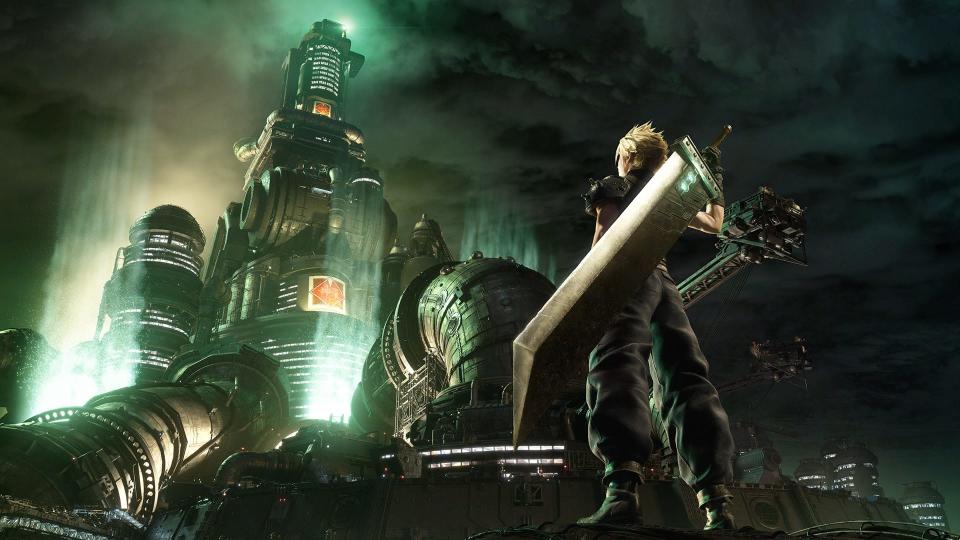 Cloud in front of  Mako Reactor 1 in Final Fantasy VII Remake.