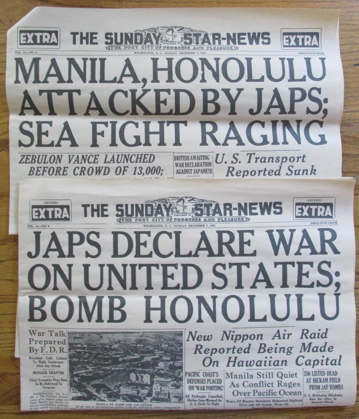 The StarNews somehow - considering the day’s technology and their limited staff - published three editions on the day the Japanese attacked Pearl Harbor, Hawaii, and American entered World War II. The first (morning) edition featured the first launching at Wilmington’s shipyard. The first and second Extra editions (early afternoon, late afternoon) reported the attack and follow-up war news. Wilbur Jones’ mother saved all three editions for him, along with numerous other wartime StarNews editions.