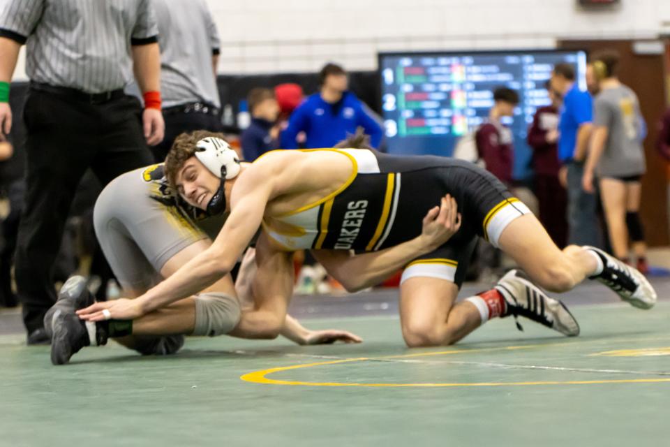 Quaker Valley's Jack Kazalas works on the ground during the WPIAL Class 2A Northern Section Tournament at Keystone Oaks High School.