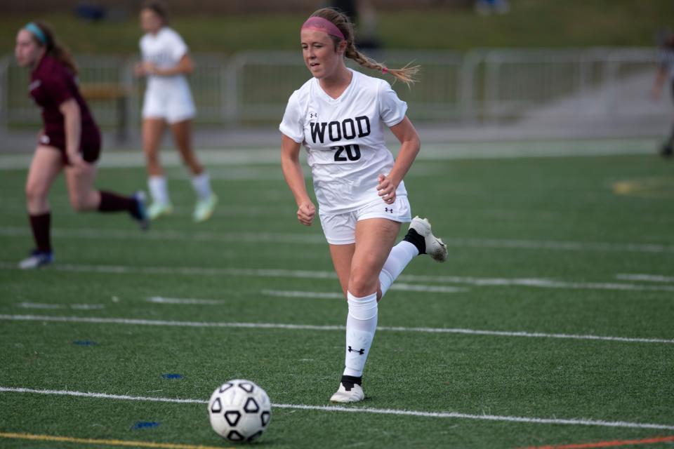 Archbishop Wood's Maddie McCloud dribbles down the field at Monsignor Bonner and Archbishop Prendergast Catholic High School in Drexel Hill on Monday, Sept. 26, 2022. The Vikings won 11-0. 