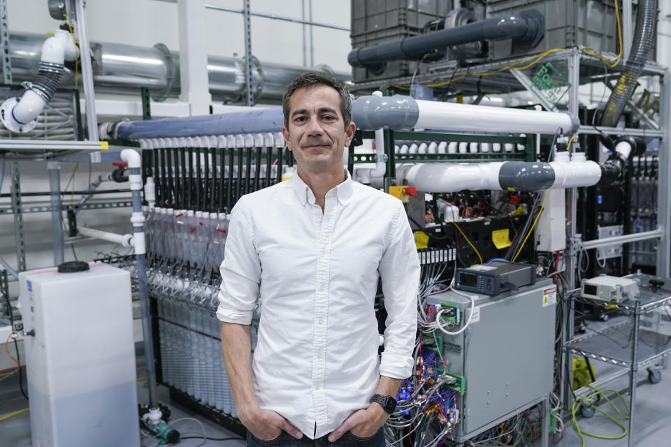 Mateo Jaramillo, CEO and co-founder of Form Energy, poses for a photograph inside the company's lab, Thursday, June 8, 2023, in Berkeley, Calif. The company recently broke ground on its first commercial-scale iron-air battery manufacturing facility in West Virginia. (AP Photo/Godofredo A. Vásquez)