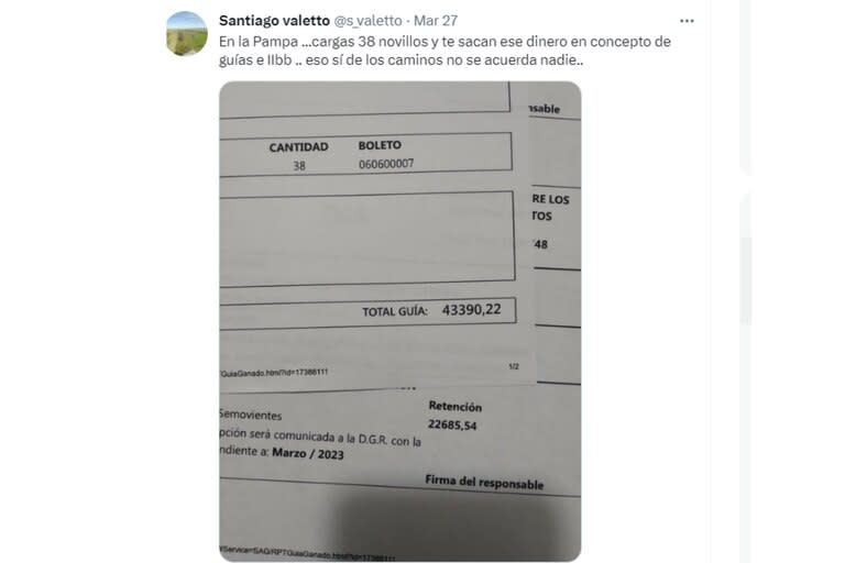 La publicación en Twitter del productor de La Pampa