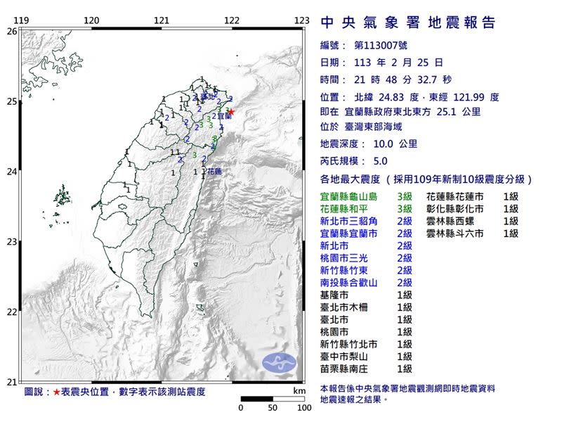 台灣東部海域今天晚間9點48分發生規模5地震（圖／氣象署提供）