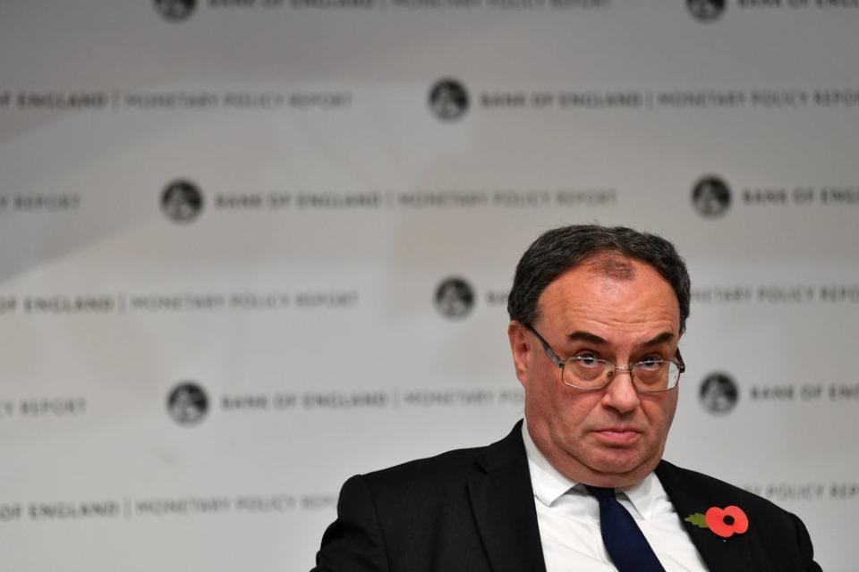 Governor of the Bank of England Andrew Bailey during the Bank of England Monetary Policy Report Press Conference at the Bank of England, London. The pound tumbled after the central bank’s decision to hold rates but London stocks made gains as a result (Justin Tallis/PA) (PA Wire)