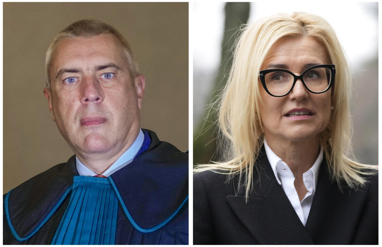 In this two-picture combo, Polish lawyer Roman Giertych, left, poses for a portrait in Rome, and Polish prosecutor Ewa Wrzosek, right, is photographed in Warsaw, on Thursday, Dec. 16, 2021. The hacking of their phones are the first two confirmed cases of Pegasus military grade spyware being used against targets in Poland, where an illiberal government is eroding democratic norms. (AP Photo/Andrew Medichini, left, Czarek Czarek Sokolowski)