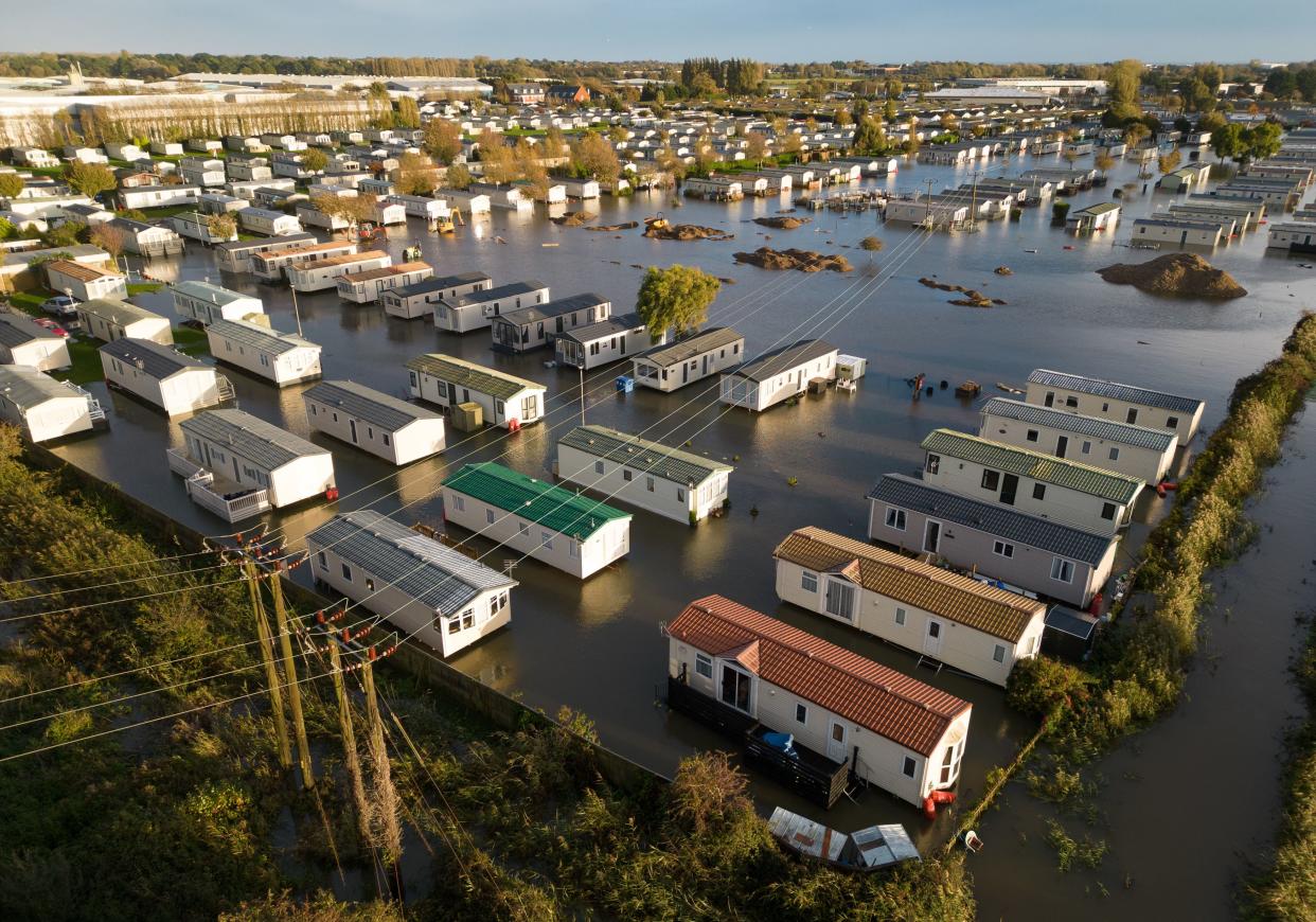 An aerial view of the Riverside Caravan Centre in Bognor Regis, which flooded on Sunday after heavy rain the area. (PA)