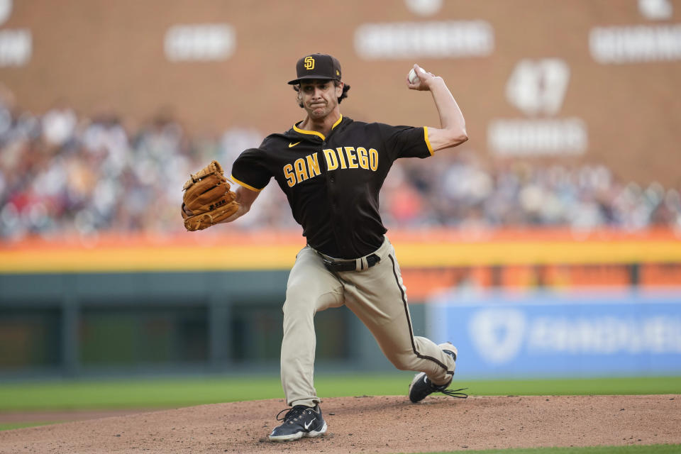 San Diego Padres pitcher Jackson Wolf throws against the Detroit Tigers in the second inning of a baseball game, Saturday, July 22, 2023, in Detroit. (AP Photo/Paul Sancya)